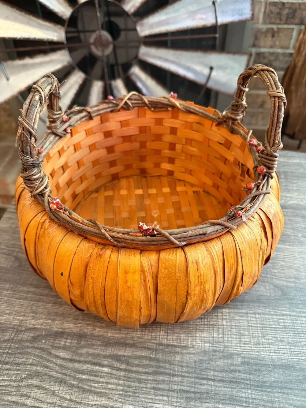 Rustic Pumpkin Shaped Woven Basket Fall Harvest Decor Handmade Style 11”